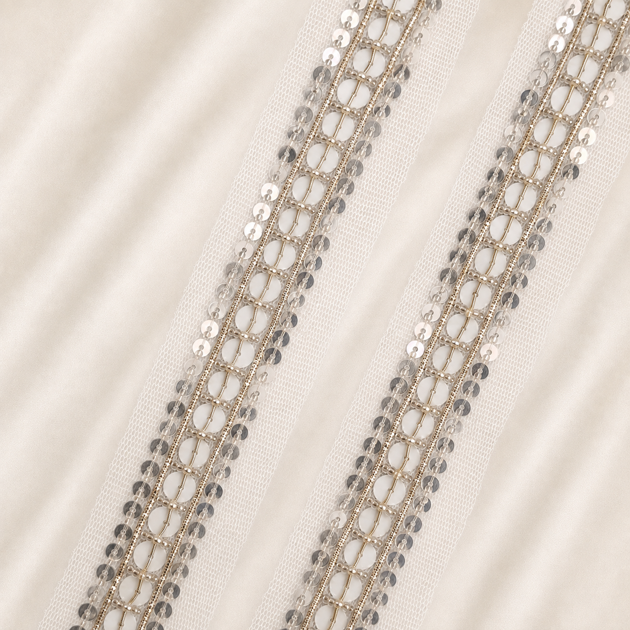 Embellished Net Lace Trim with Sequins and Pearl-Like Beadwork