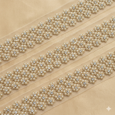 Pearl and Stone Floral Net Lace Trim Border for Bridal, Ethnic & Designer Wear