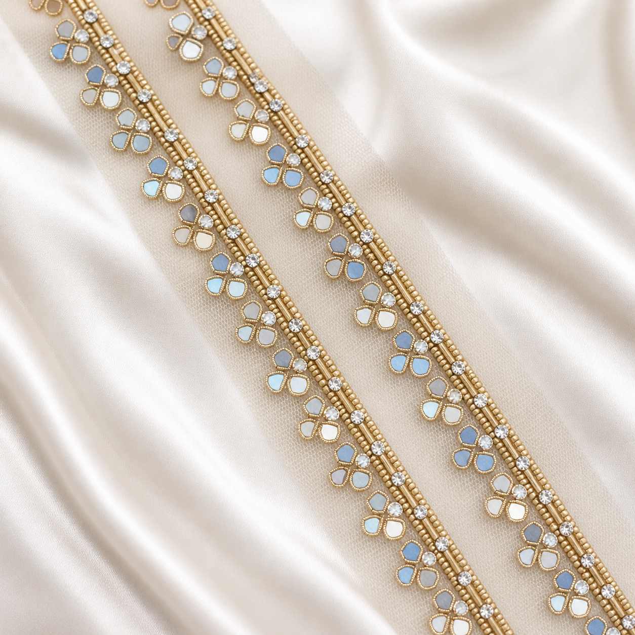 Mirror and Stone Embellished Net Lace Border Trim