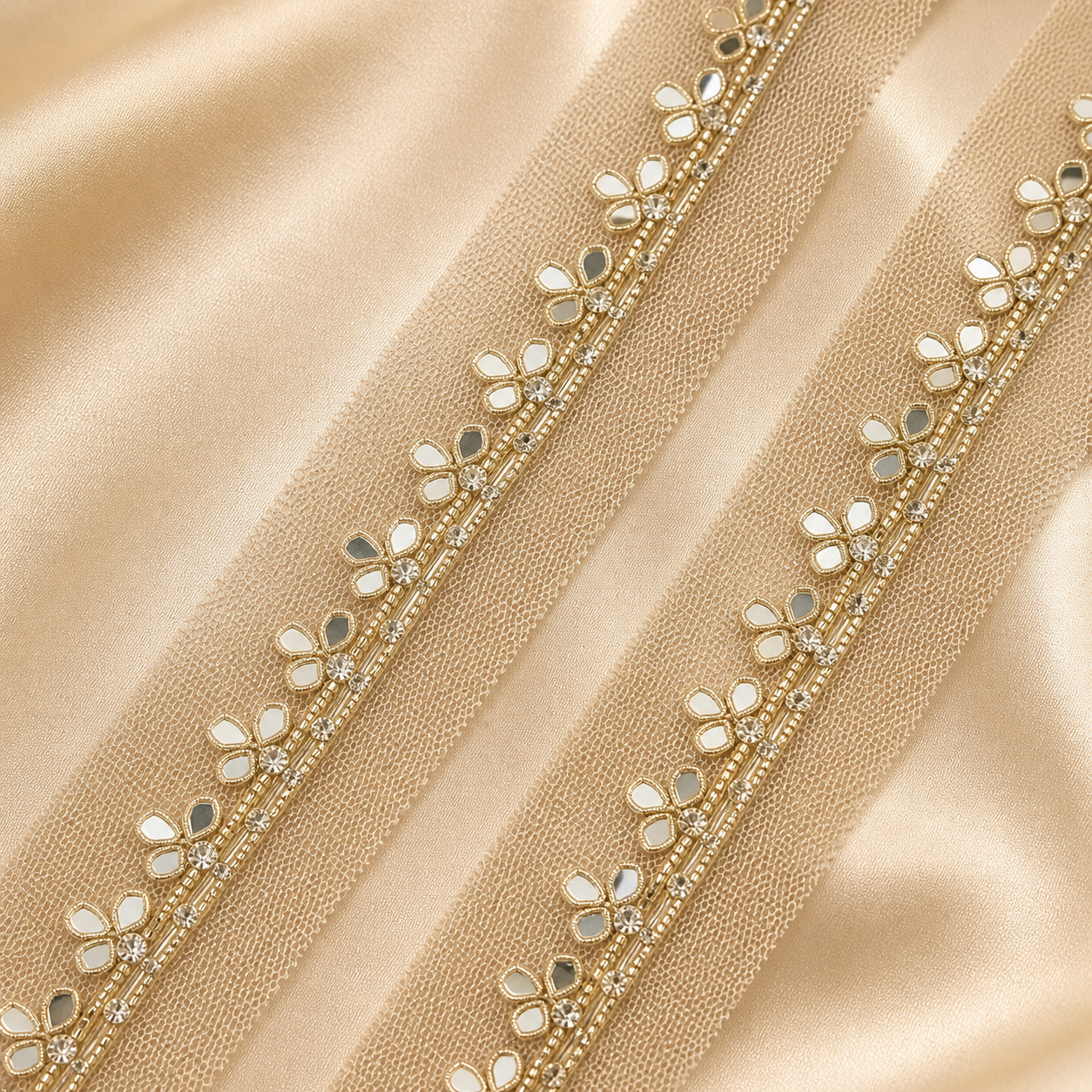 Mirror and Stone Embellished Net Lace Border Trim