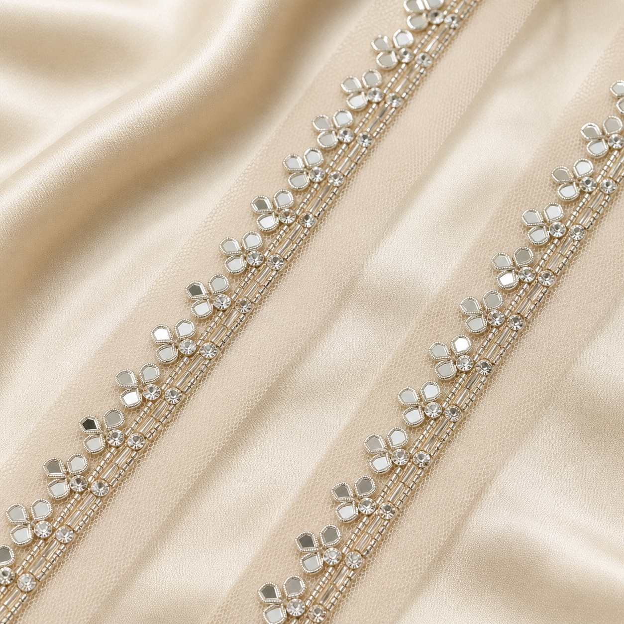Mirror and Stone Embellished Net Lace Border Trim