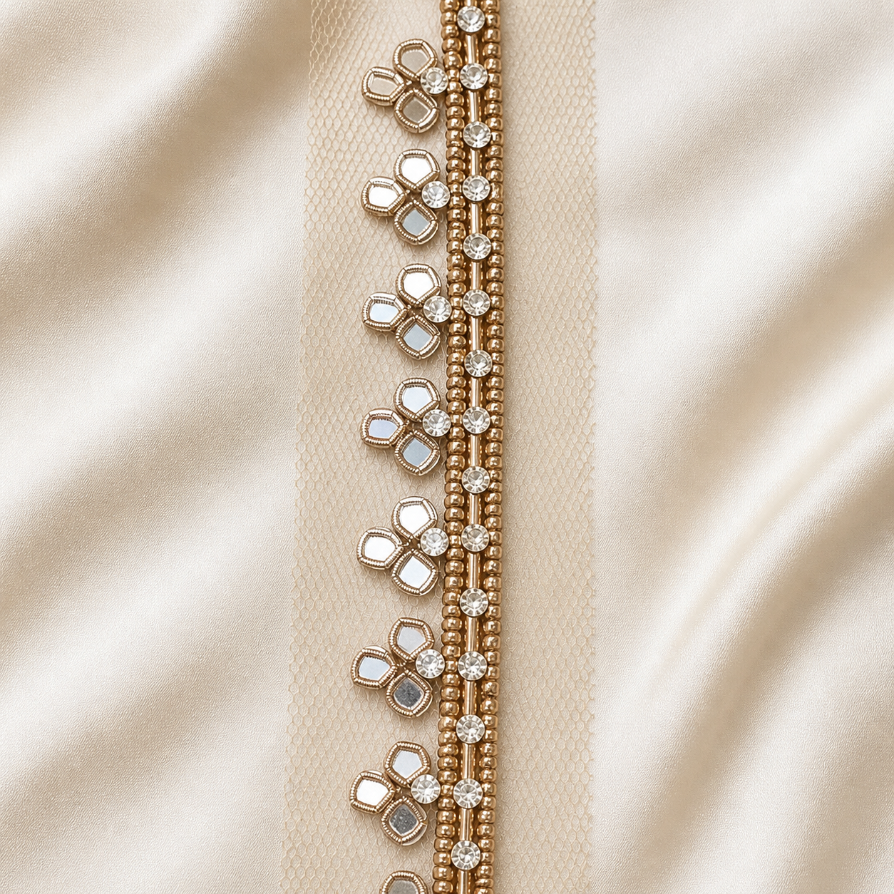 Mirror and Stone Embellished Net Lace Border Trim