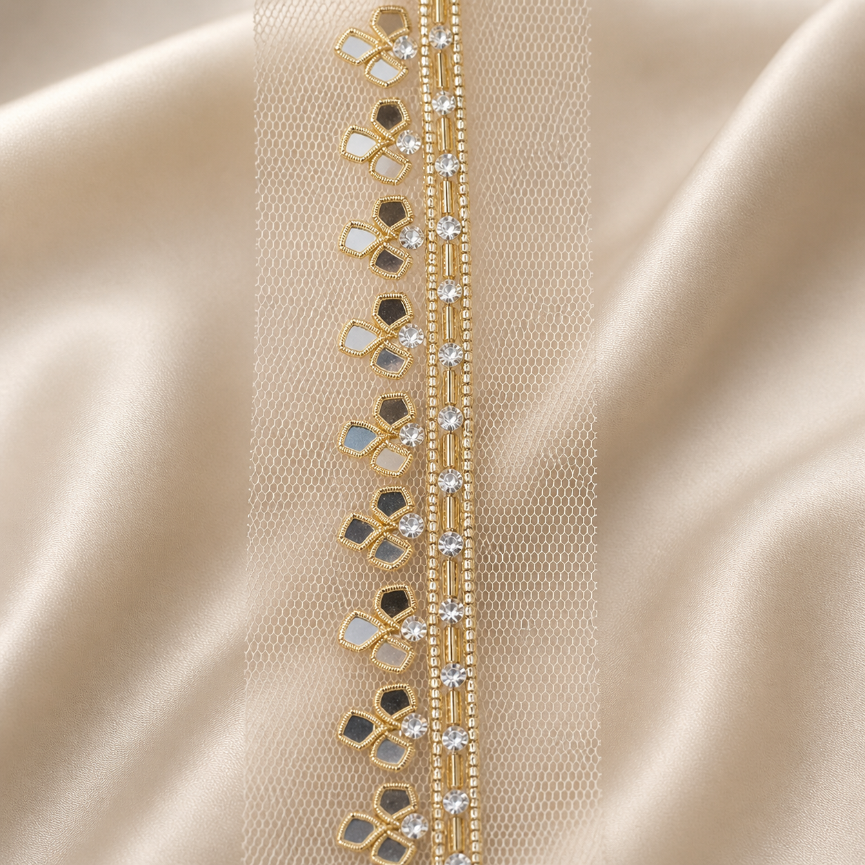 Mirror and Stone Embellished Net Lace Border Trim