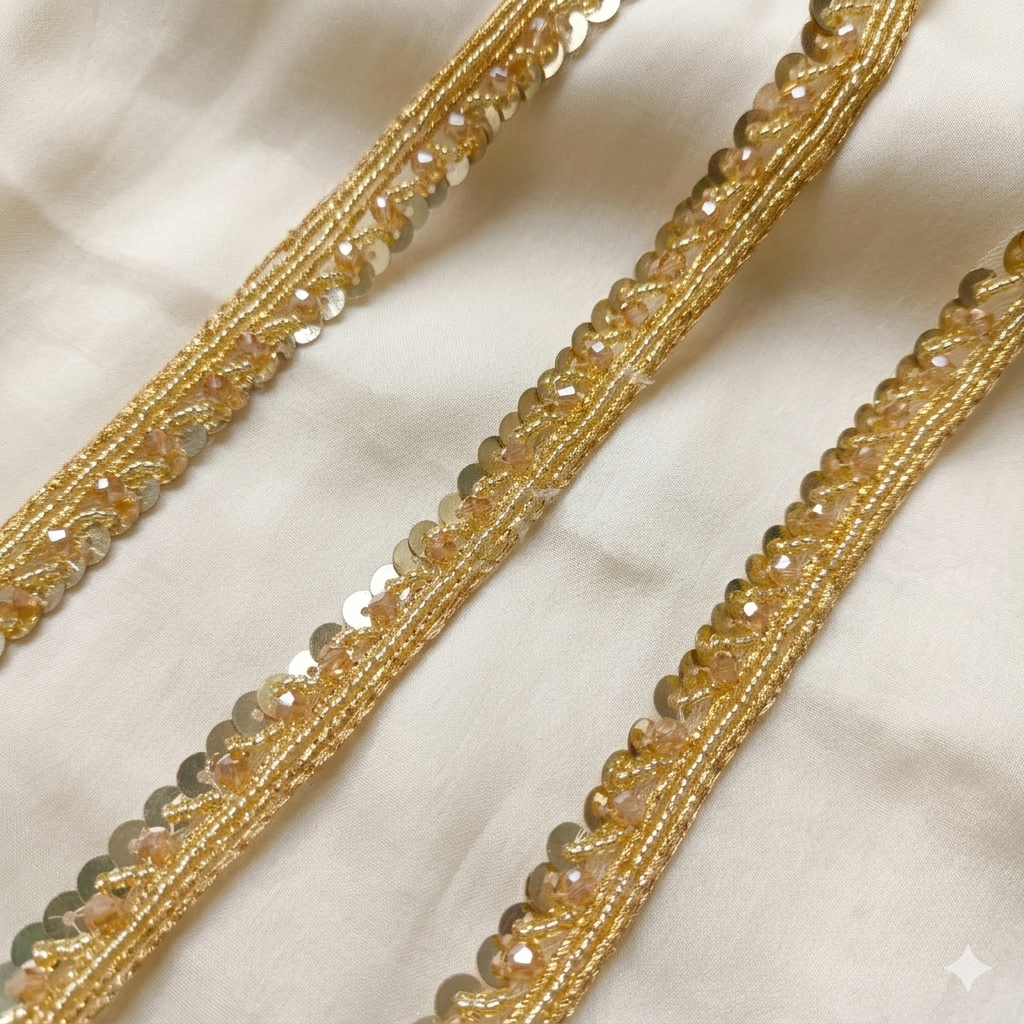 Beaded Sequin Hand Embroidered Lace Border Trim with Crystal Trim
