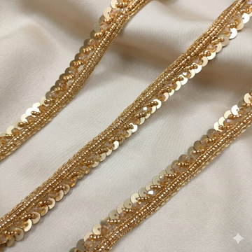 Beaded Sequin Hand Embroidered Lace Border Trim with Crystal Trim
