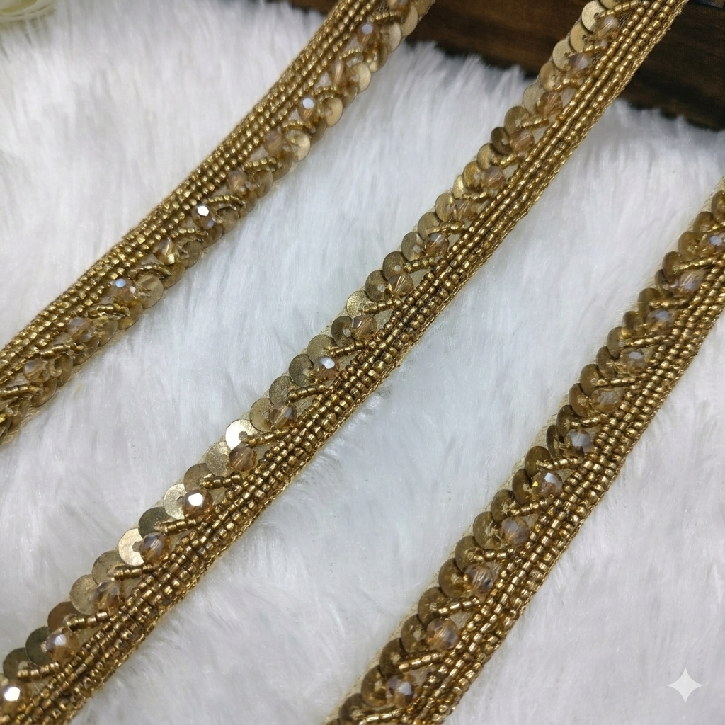 Beaded Sequin Hand Embroidered Lace Border Trim with Crystal Trim