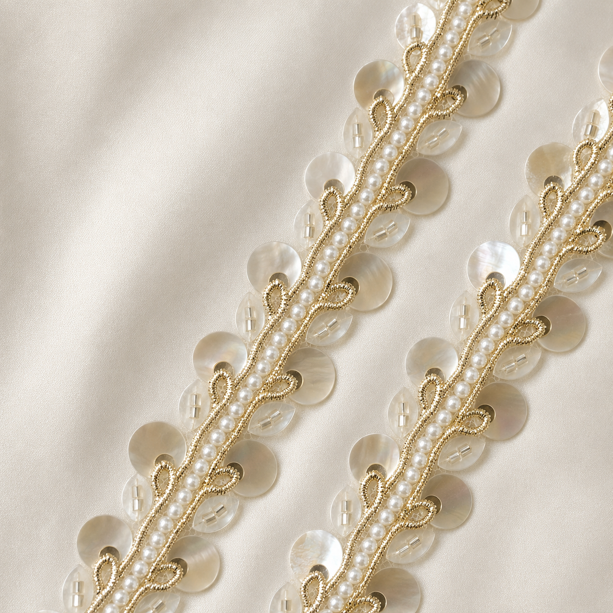 Pearl & Disc Embellished Metallic Leaf Lace Trim