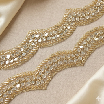 Golden Scalloped Mirror Embellished Handwork Lace