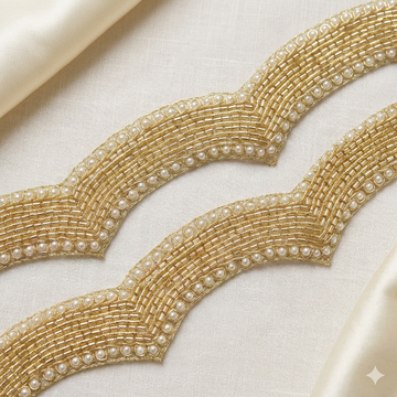 Golden Scalloped Mirror Embellished Handwork Lace