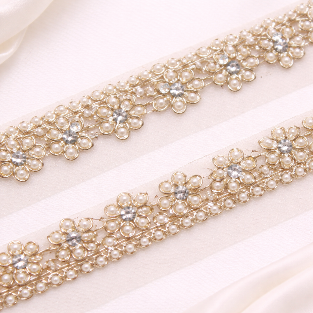 Water Gold Pearl Embellished Handwork Trim