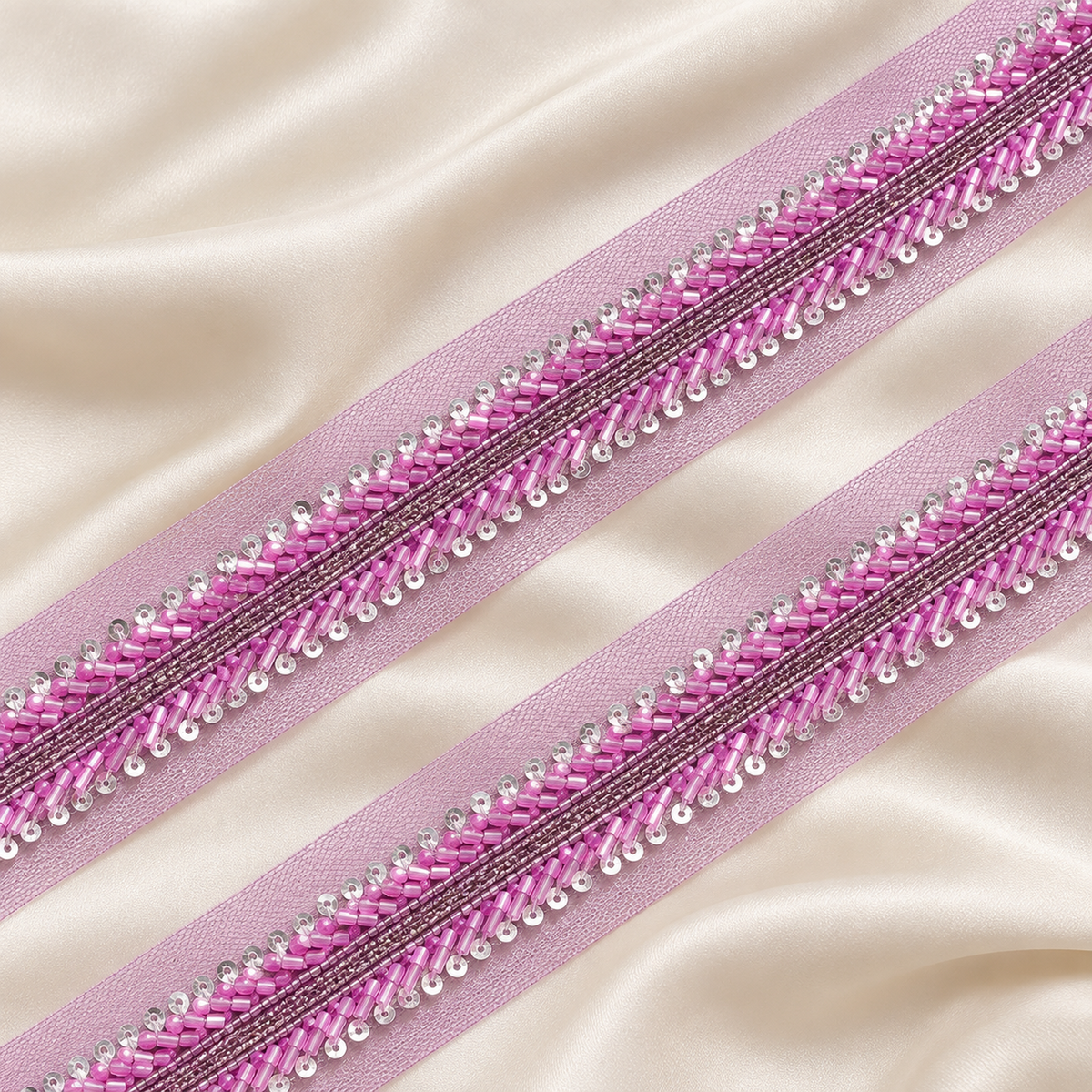 Layered Bugle Bead and Sequin Embroidered Mesh Lace