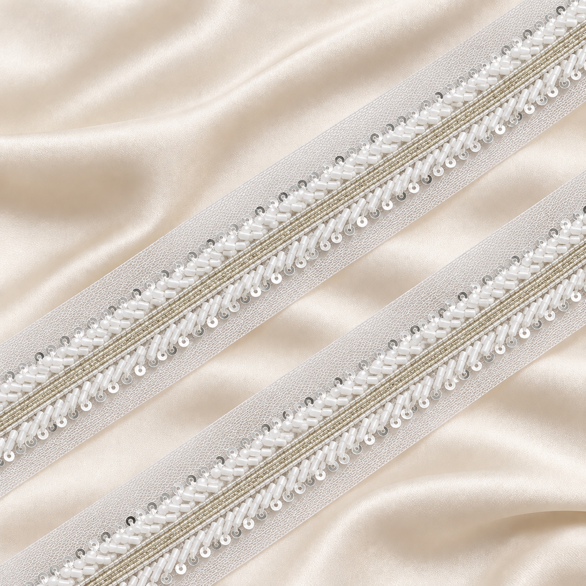 Layered Bugle Bead and Sequin Embroidered Mesh Lace