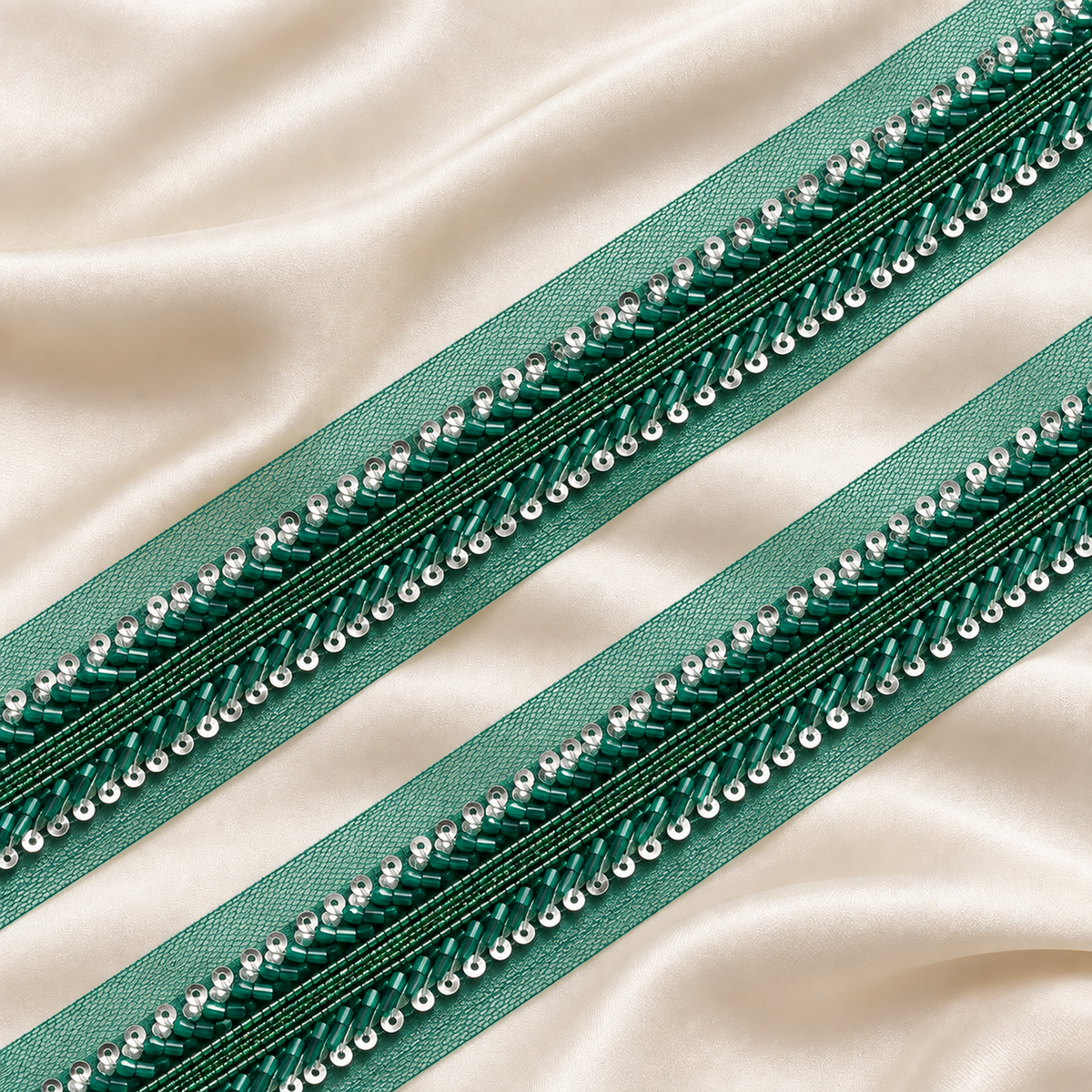 Layered Bugle Bead and Sequin Embroidered Mesh Lace