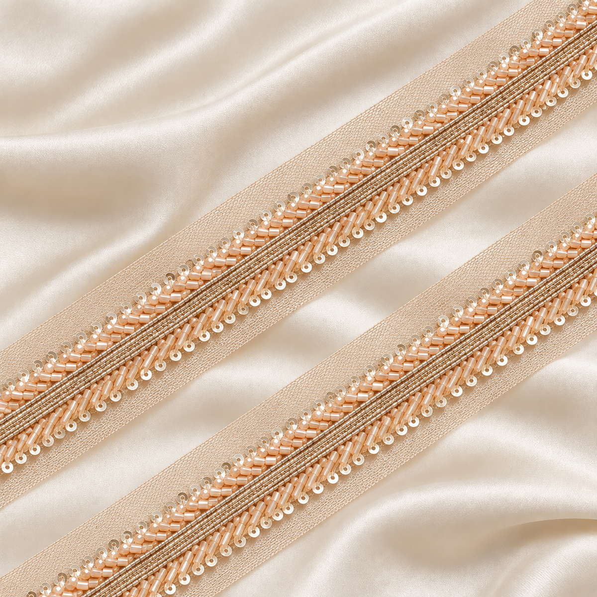 Layered Bugle Bead and Sequin Embroidered Mesh Lace
