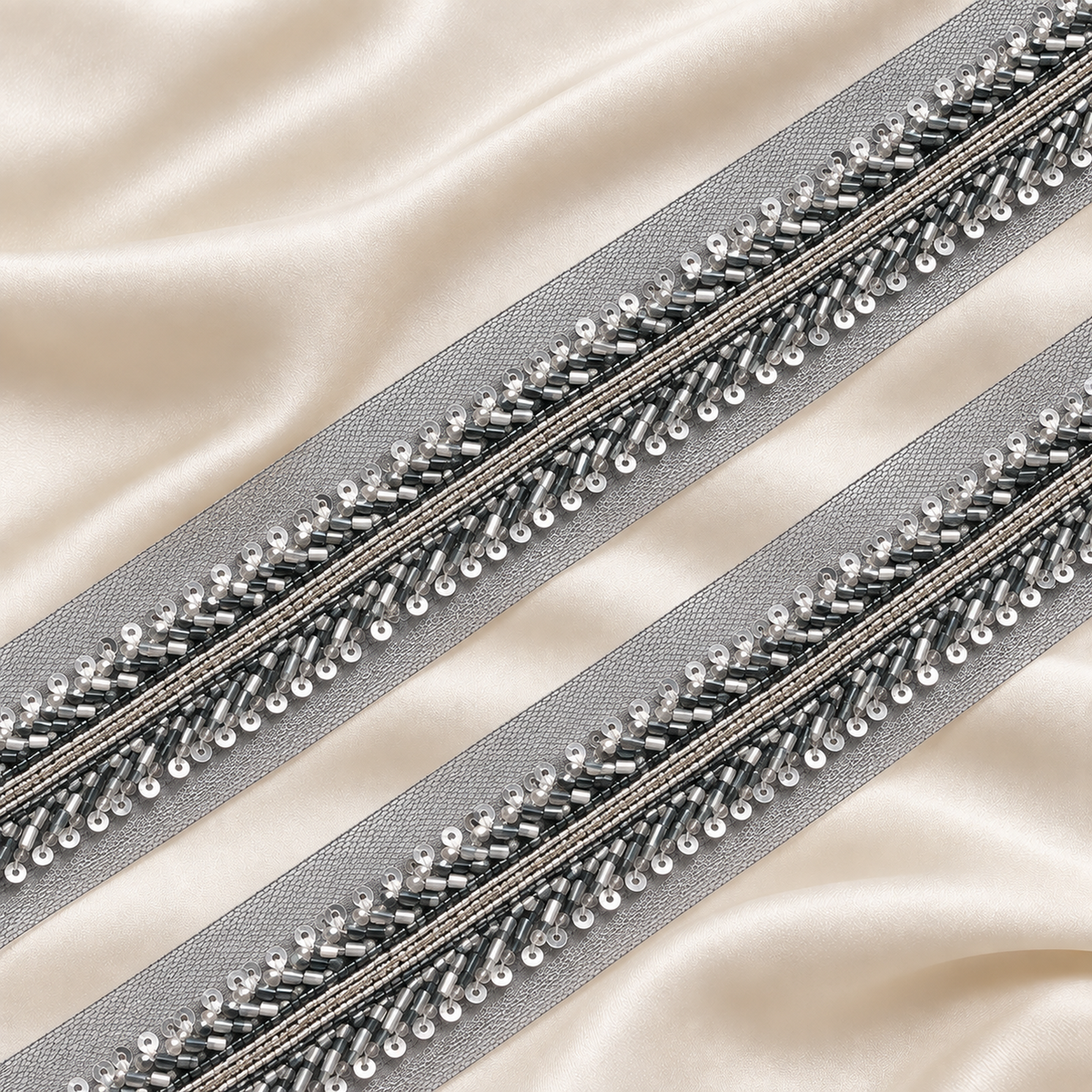Layered Bugle Bead and Sequin Embroidered Mesh Lace