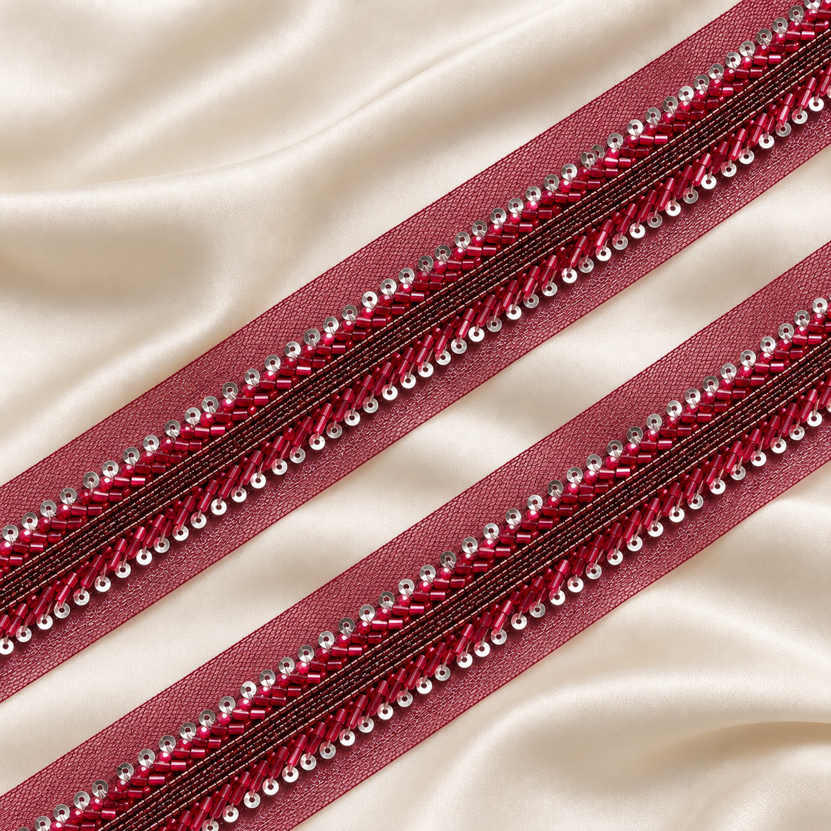 Layered Bugle Bead and Sequin Embroidered Mesh Lace