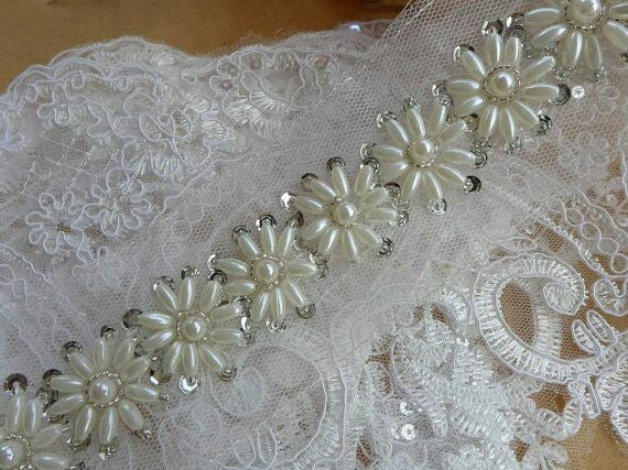 White Foral Embellished Handwork Trim