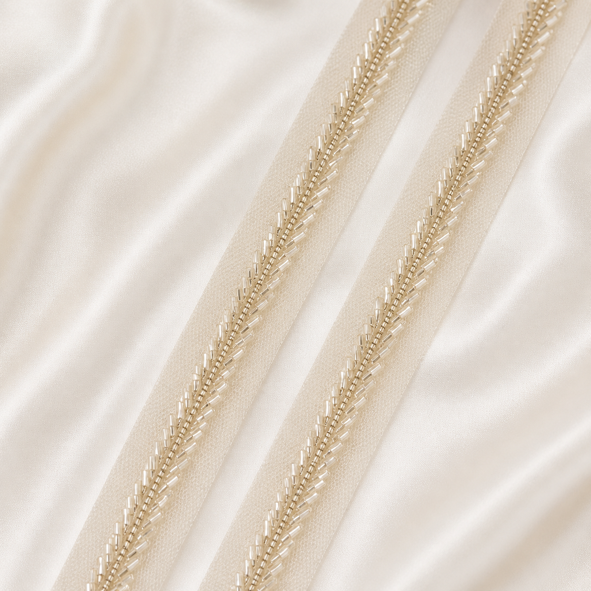 Handcrafted Chevron Bugle Bead Embroidered Net Lace