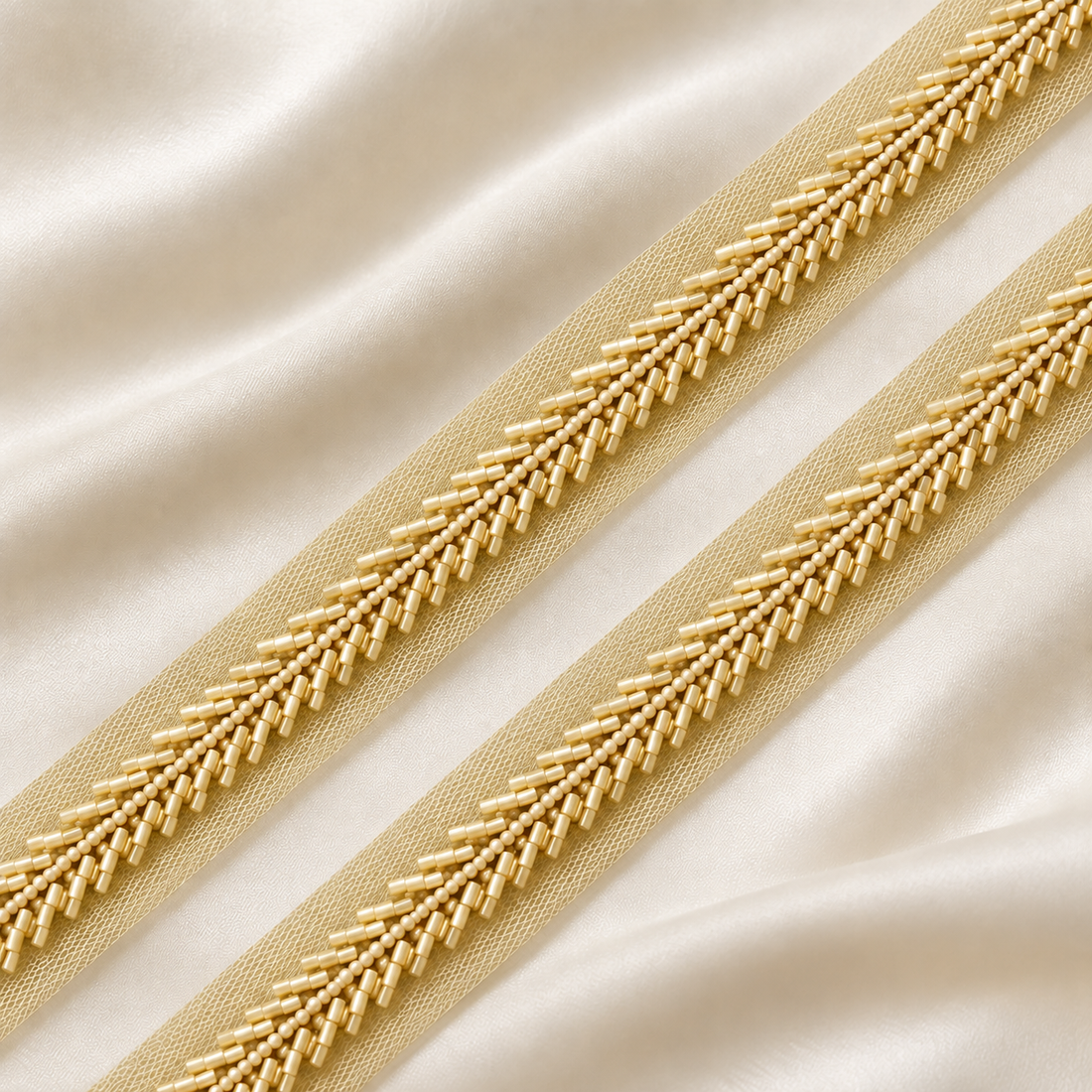 Handcrafted Chevron Bugle Bead Embroidered Net Lace