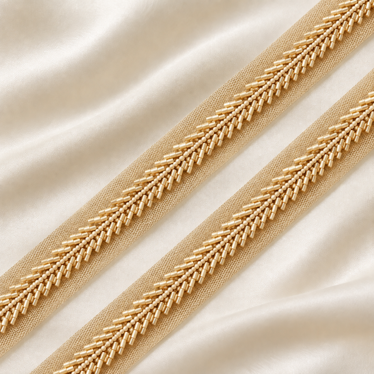 Handcrafted Chevron Bugle Bead Embroidered Net Lace