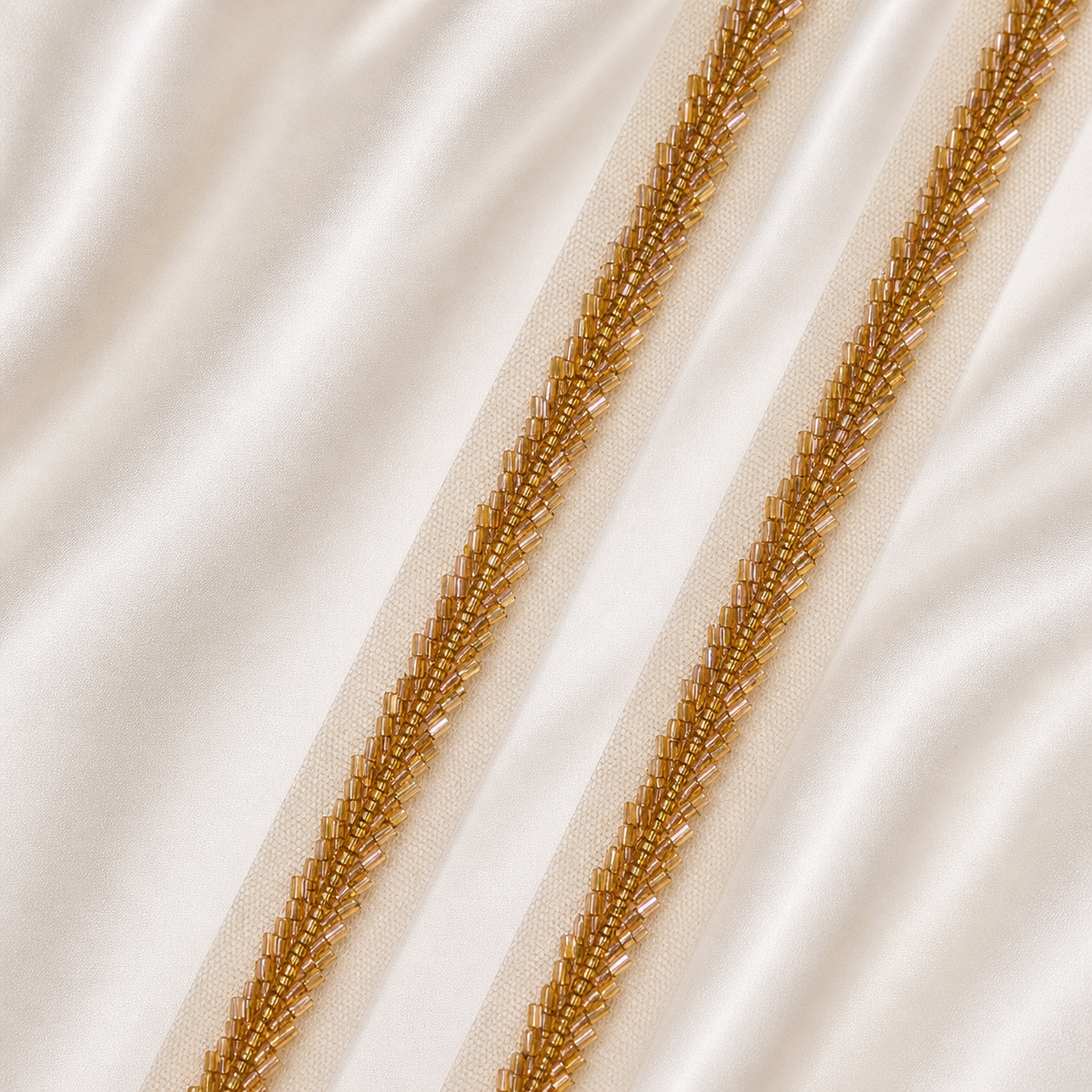 Handcrafted Chevron Bugle Bead Embroidered Net Lace