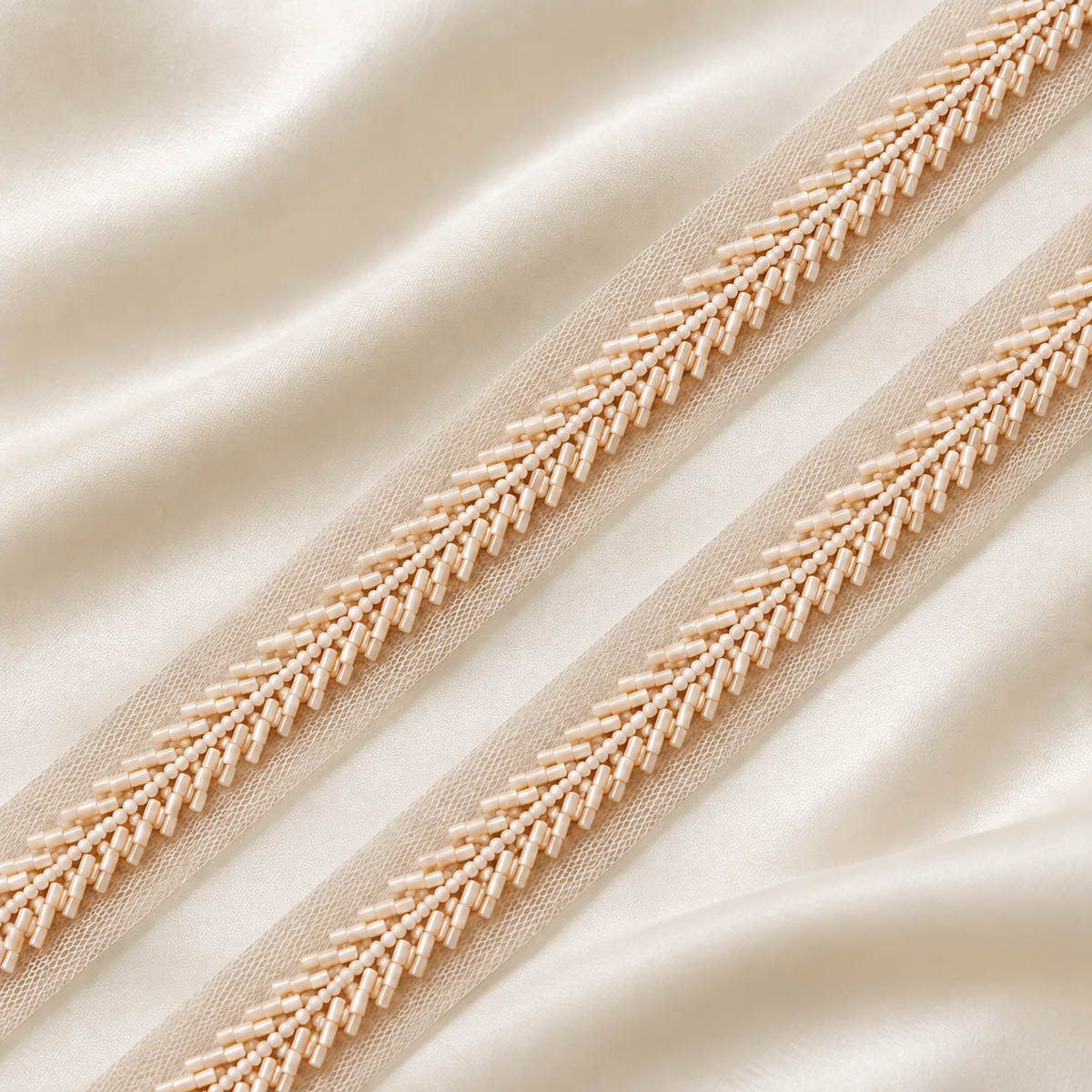 Handcrafted Chevron Bugle Bead Embroidered Net Lace