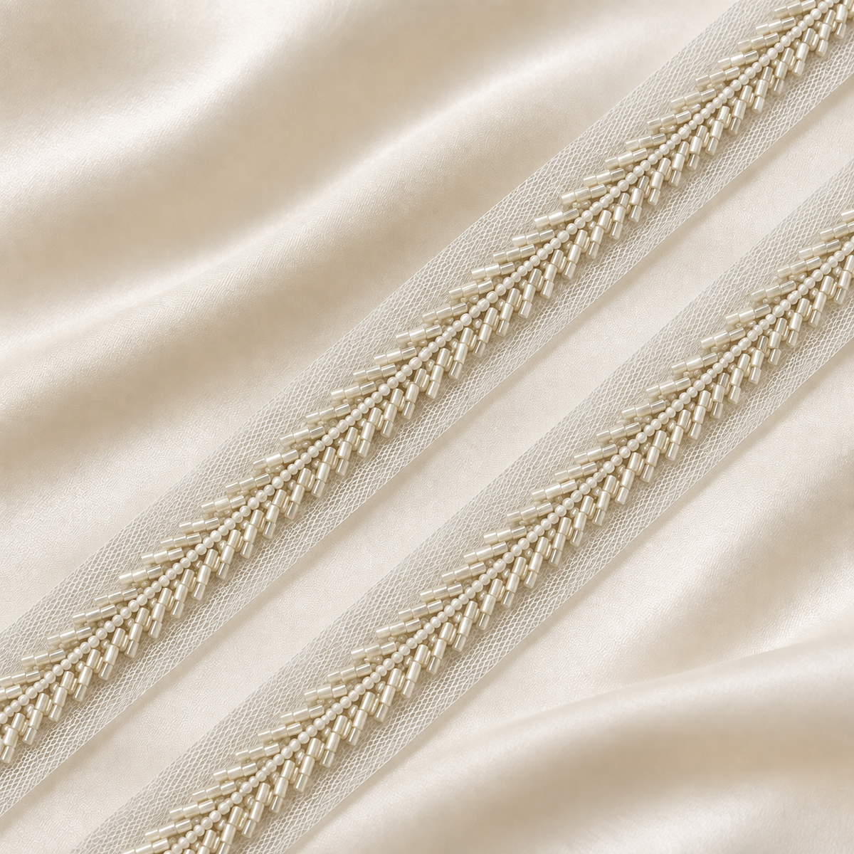 Handcrafted Chevron Bugle Bead Embroidered Net Lace