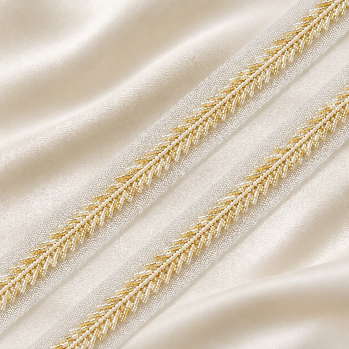 Handcrafted Chevron Bugle Bead Embroidered Net Lace