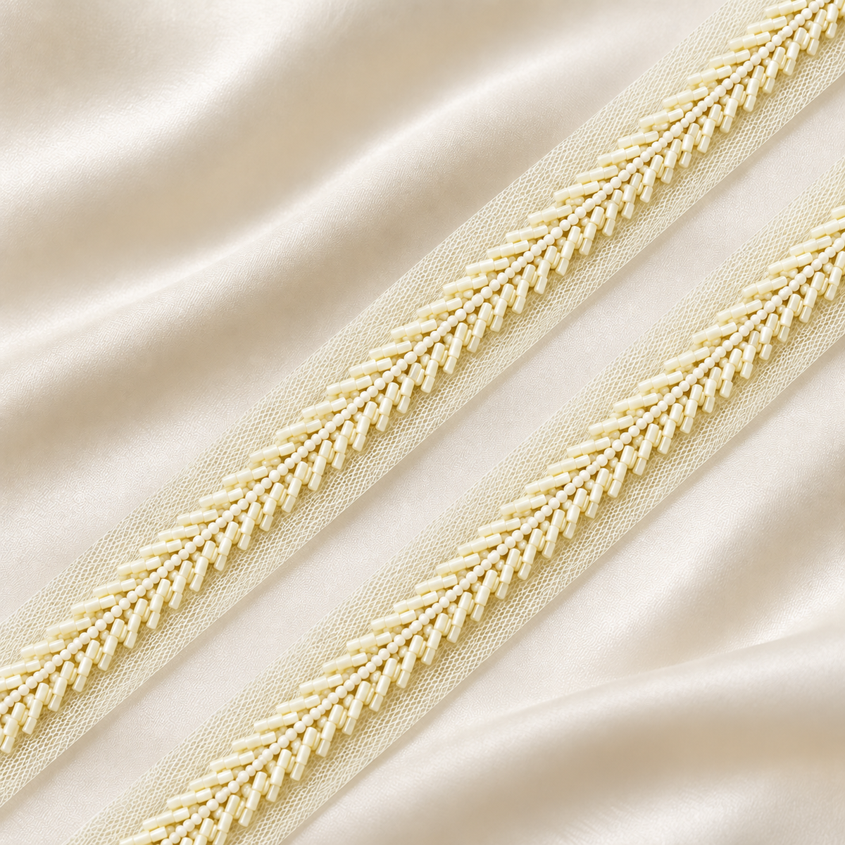 Handcrafted Chevron Bugle and Round Bead Embroidered Net Lace