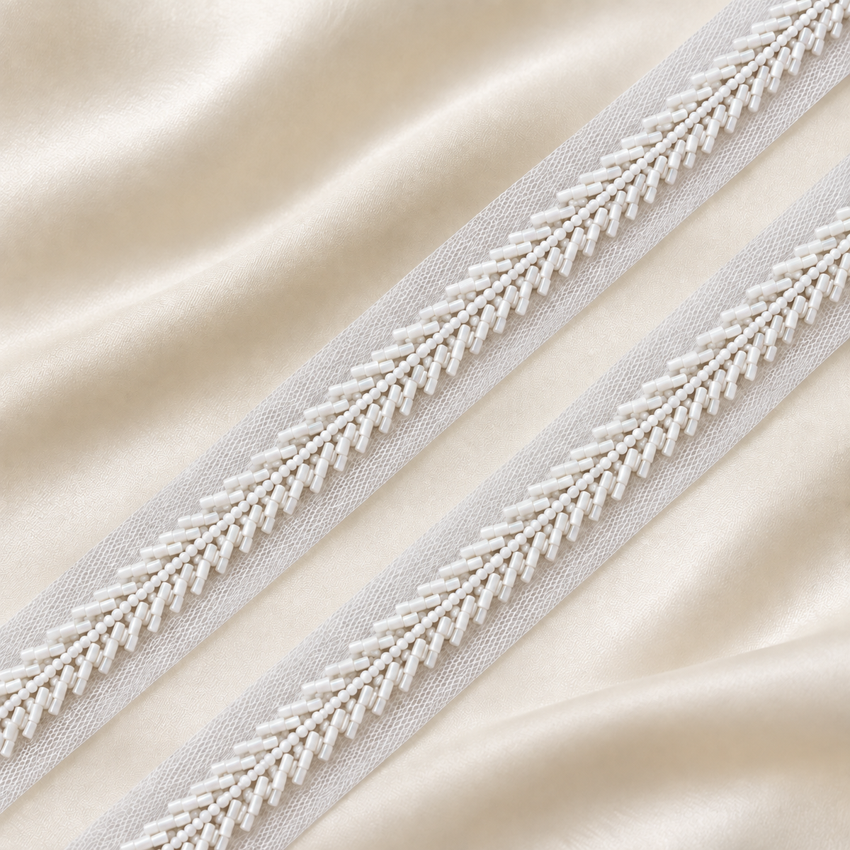 Handcrafted Chevron Bugle and Round Bead Embroidered Net Lace