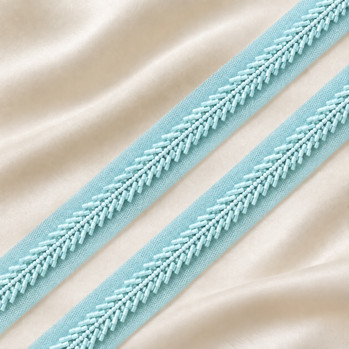 Handcrafted Chevron Bugle and Round Bead Embroidered Net Lace