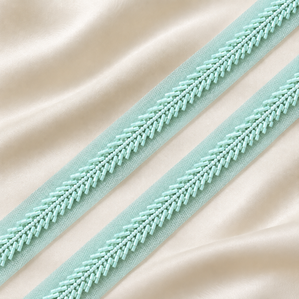 Handcrafted Chevron Bugle and Round Bead Embroidered Net Lace