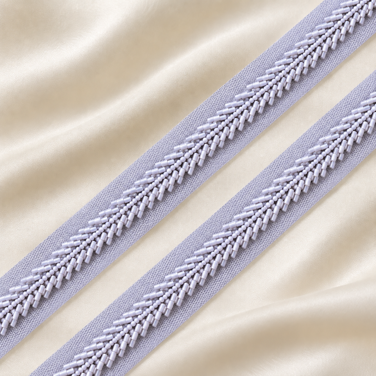 Handcrafted Chevron Bugle and Round Bead Embroidered Net Lace