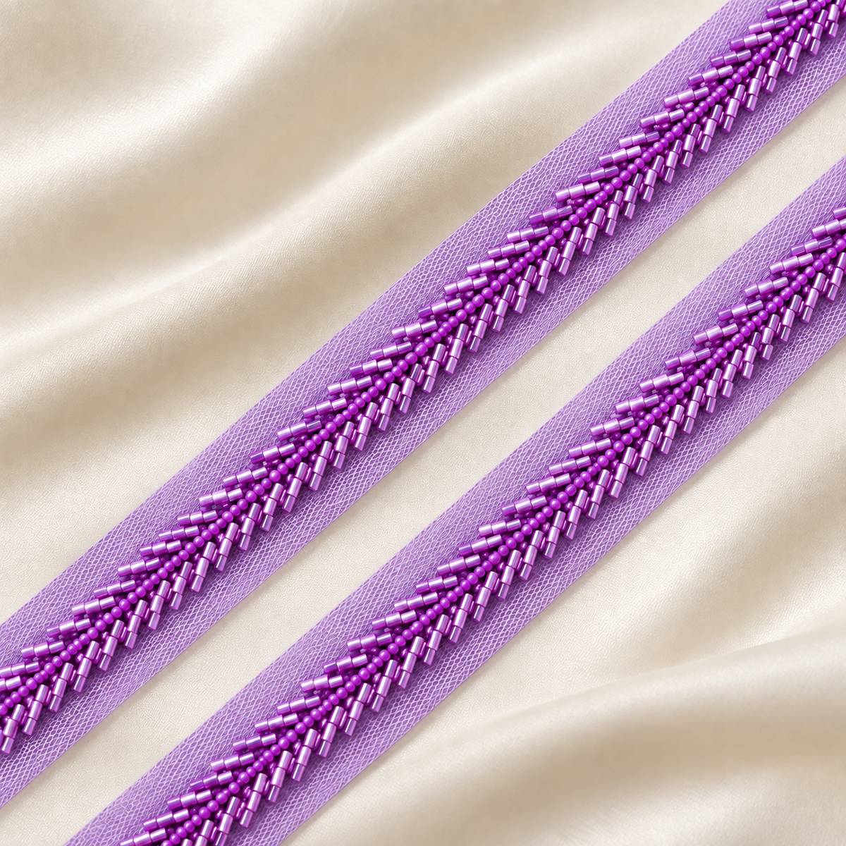 Handcrafted Chevron Bugle and Round Bead Embroidered Net Lace