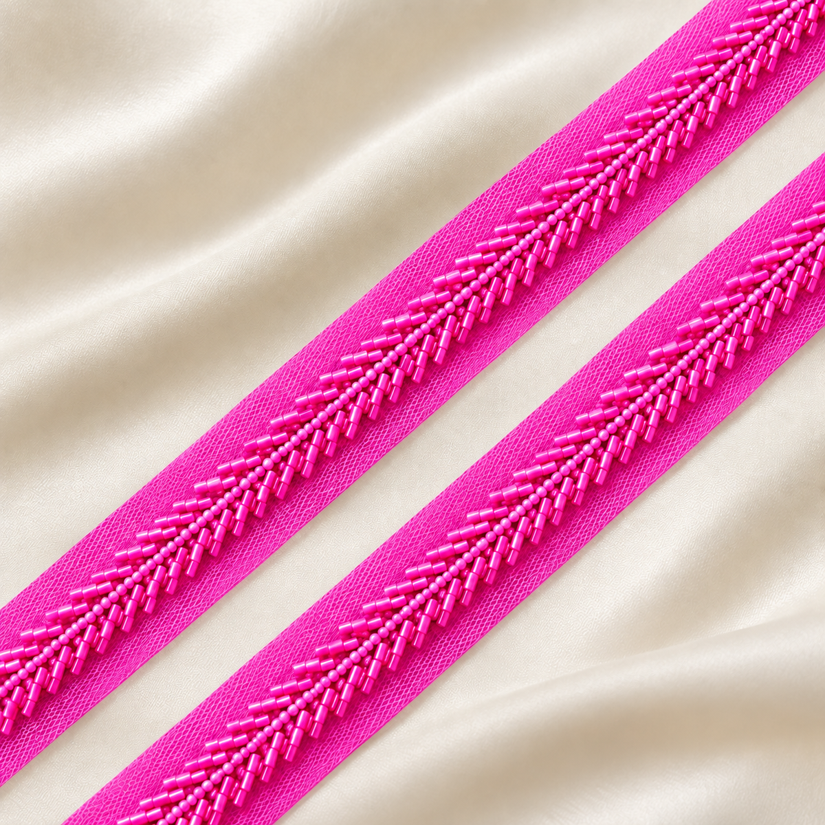 Handcrafted Chevron Bugle and Round Bead Embroidered Net Lace