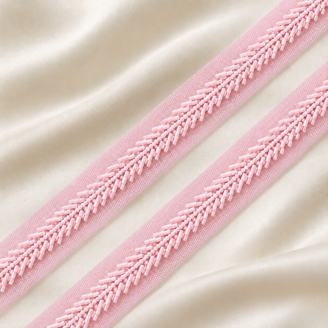 Handcrafted Chevron Bugle and Round Bead Embroidered Net Lace