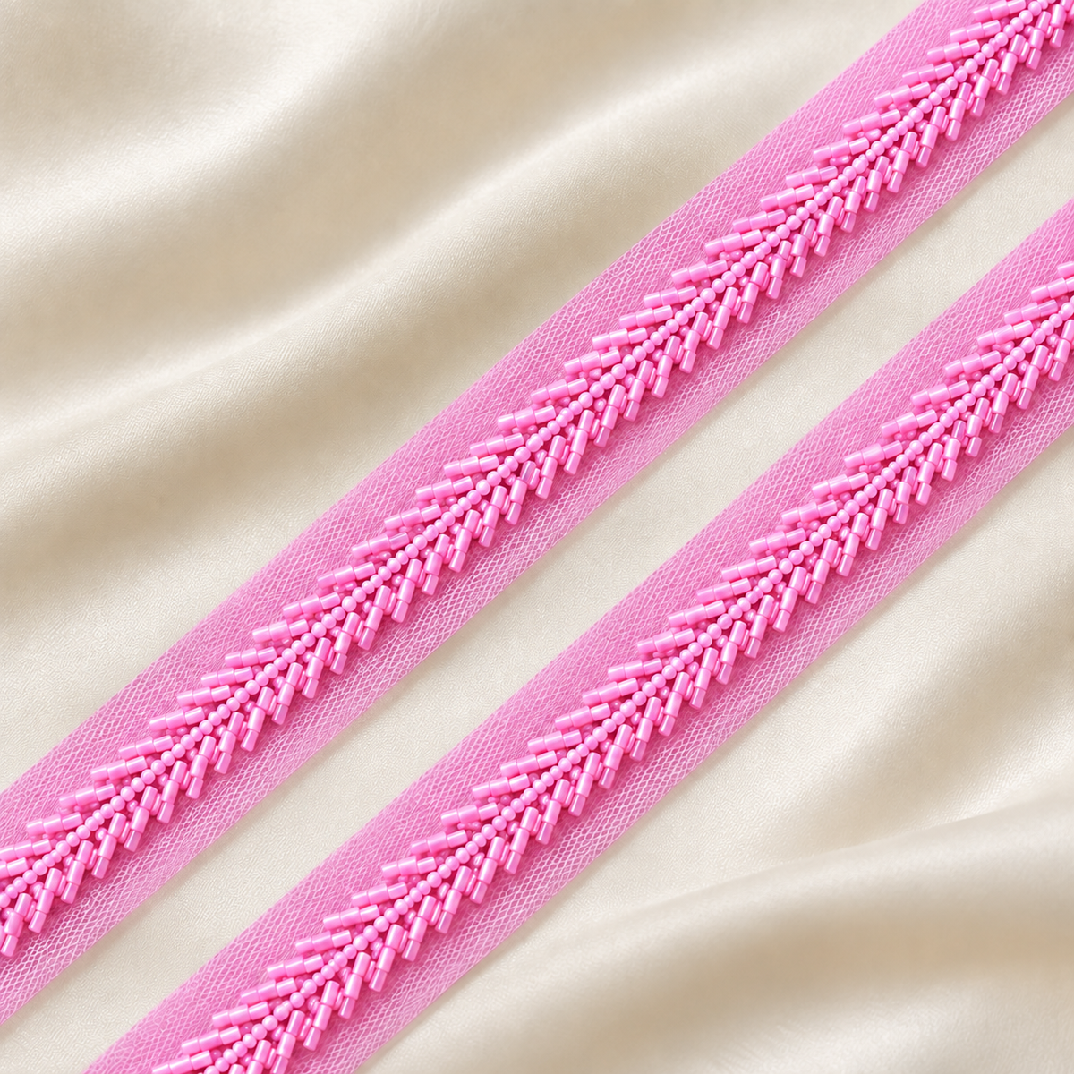 Handcrafted Chevron Bugle and Round Bead Embroidered Net Lace