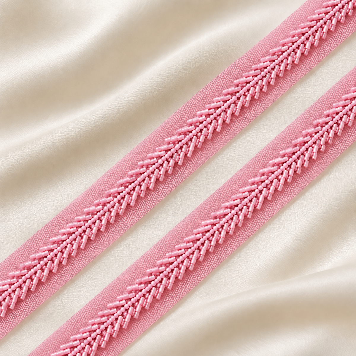Handcrafted Chevron Bugle and Round Bead Embroidered Net Lace