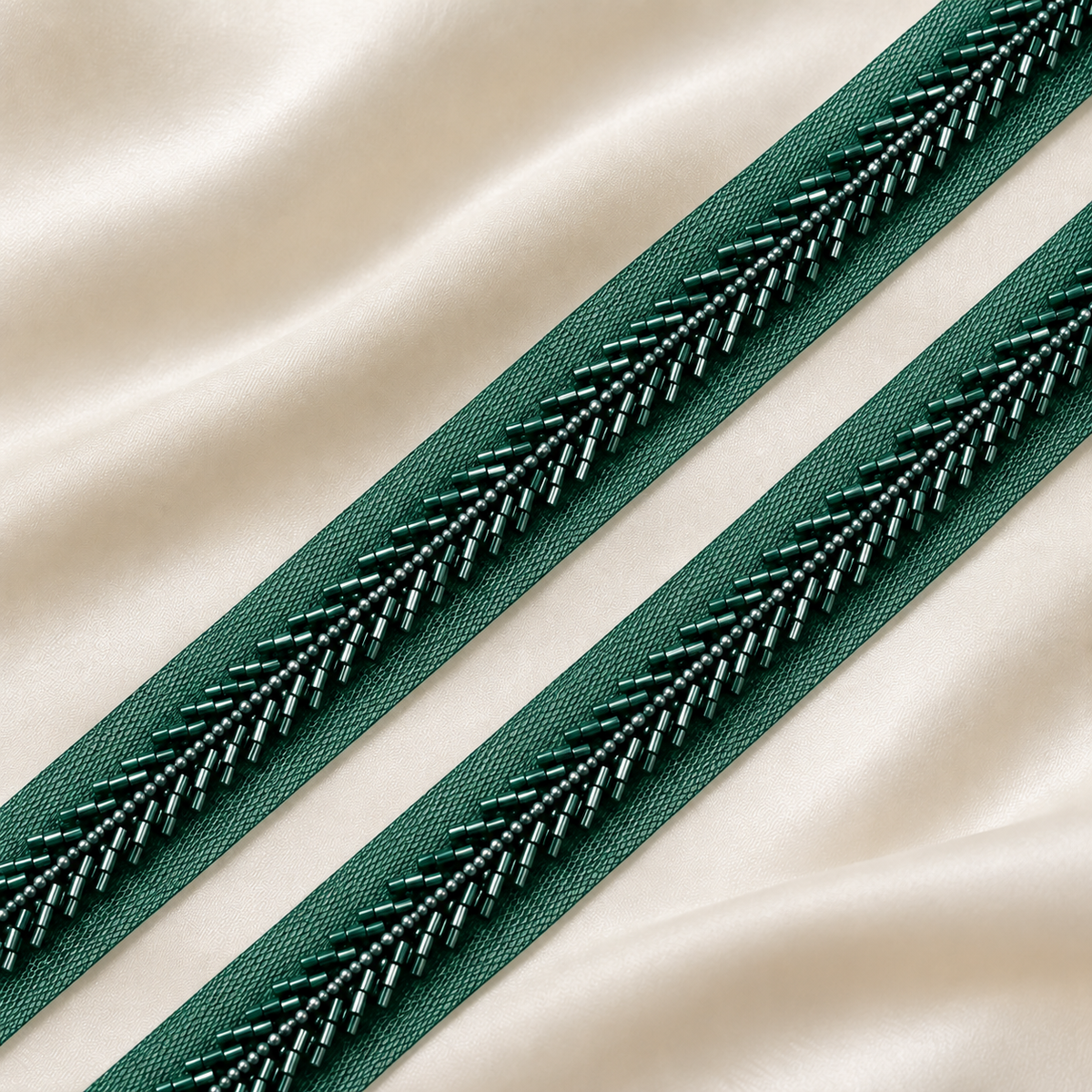 Handcrafted Chevron Bugle and Round Bead Embroidered Net Lace