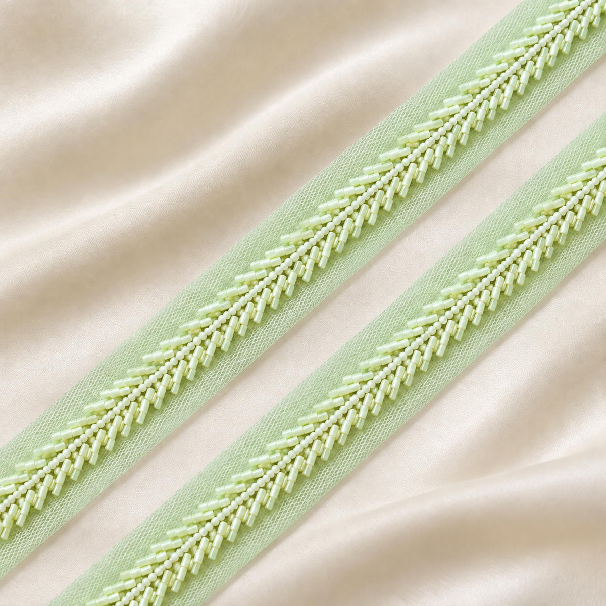 Handcrafted Chevron Bugle and Round Bead Embroidered Net Lace