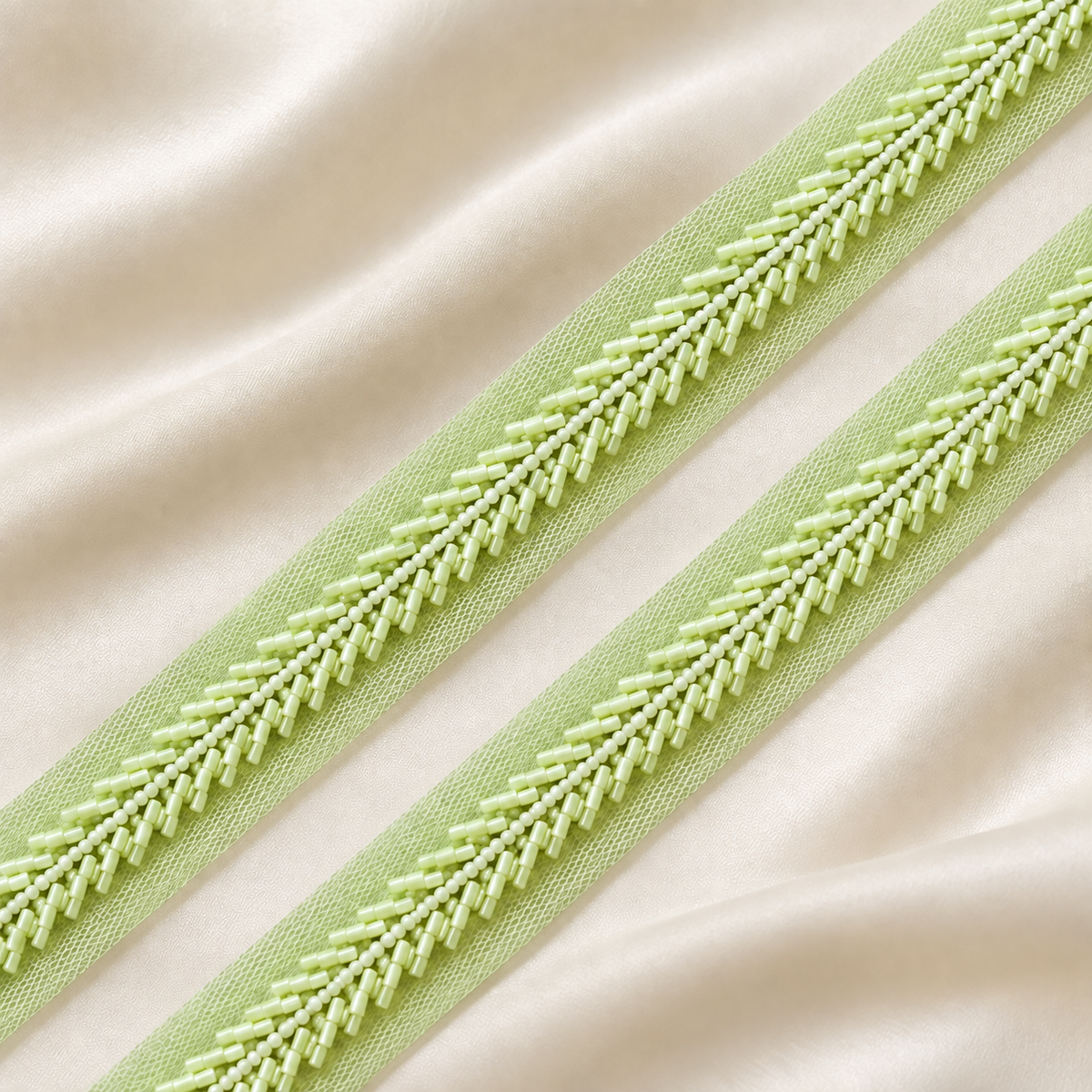 Handcrafted Chevron Bugle and Round Bead Embroidered Net Lace