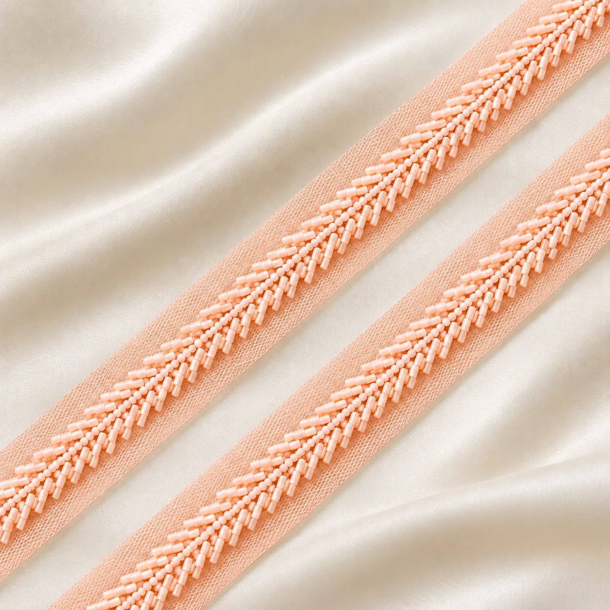 Handcrafted Chevron Bugle and Round Bead Embroidered Net Lace