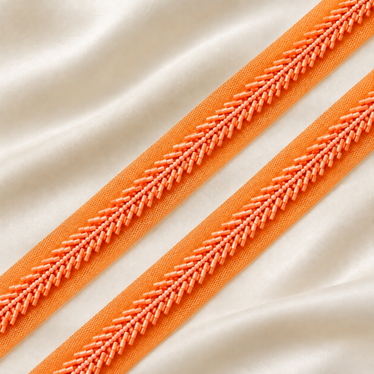 Handcrafted Chevron Bugle and Round Bead Embroidered Net Lace