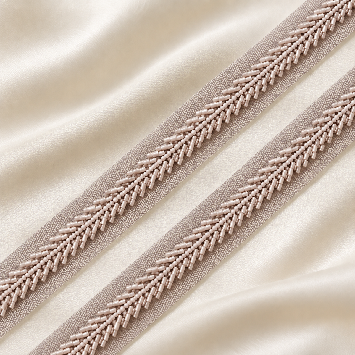 Handcrafted Chevron Bugle and Round Bead Embroidered Net Lace