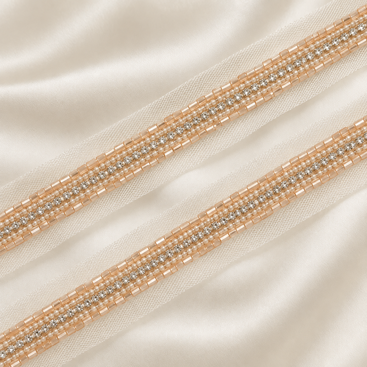 Rhinestone Seed and Bugle Bead Embroidered Net Lace