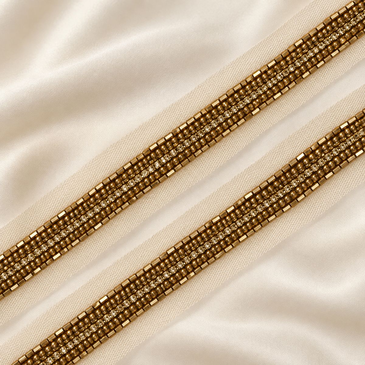 Rhinestone Seed and Bugle Bead Embroidered Net Lace