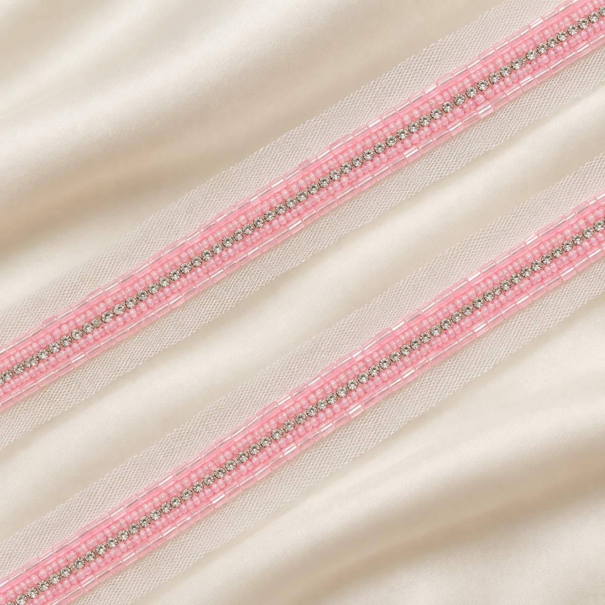 Rhinestone Seed and Bugle Bead Embroidered Net Lace