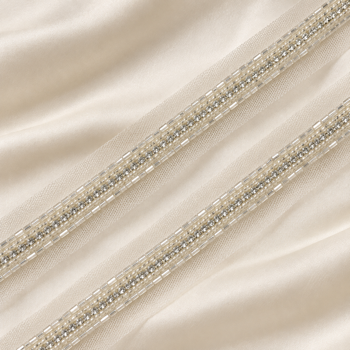 Rhinestone Seed and Bugle Bead Embroidered Net Lace