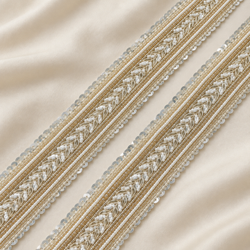 Leafy Vine Pearl Bead and Sequin Embroidered Wide Lace Border
