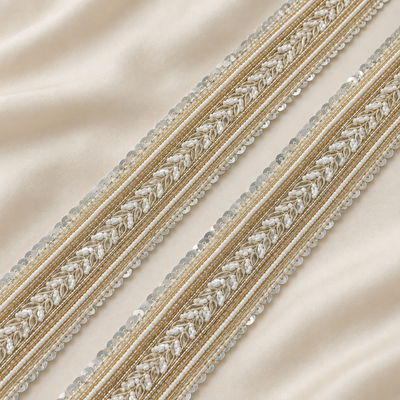 Leafy Vine Pearl Bead and Sequin Embroidered Wide Lace Border